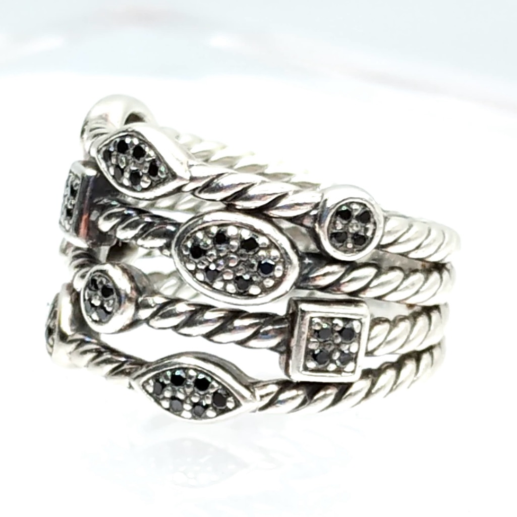 David Yurman Sterling Silver With Black Diamond Confetti 4 Row Ring